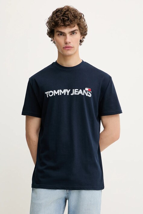 Bavlněné tričko Tommy Jeans pánské, tmavomodrá barva, s potiskem, DM0DM21585