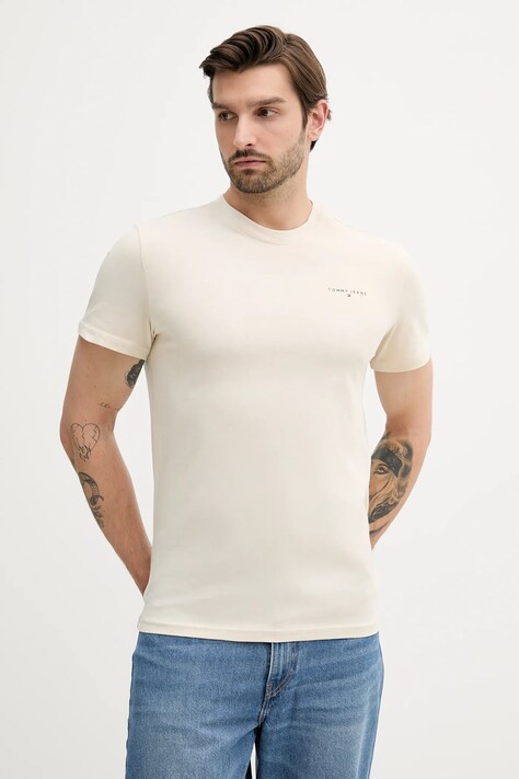 Bavlnené tričko Tommy Jeans pánske, béžová farba, s potlačou, DM0DM21780