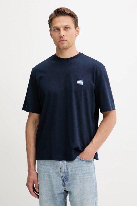 Tommy Jeans tricou din bumbac culoarea bleumarin, cu imprimeu, DM0DM21785