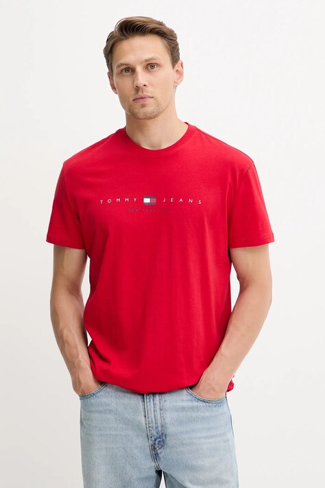 Bavlnené tričko Tommy Jeans pánske, červená farba, s potlačou, DM0DM21911