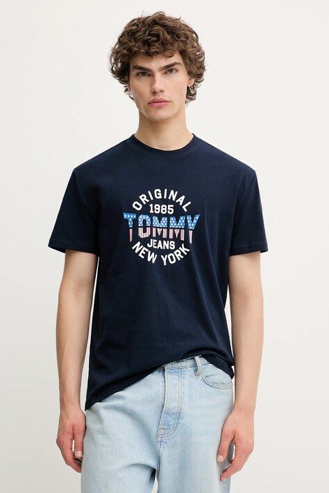 Bavlněné tričko Tommy Jeans pánské, tmavomodrá barva, s potiskem, DM0DM21913