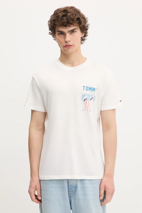Βαμβακερό μπλουζάκι Tommy Jeans ανδρικό, χρώμα: άσπρο, DM0DM21914