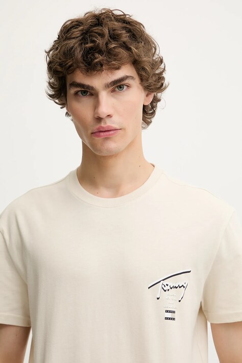 Tommy Jeans tricou din bumbac culoarea bej, cu imprimeu, DM0DM21934