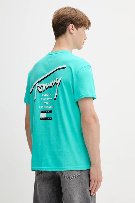 Хлопковая футболка Tommy Jeans цвет бирюзовый с принтом DM0DM21934