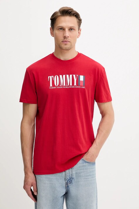 Bavlnené tričko Tommy Jeans pánske, červená farba, s potlačou, DM0DM21941