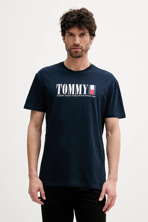 Tommy Jeans tricou din bumbac culoarea bleumarin, cu imprimeu, DM0DM21941