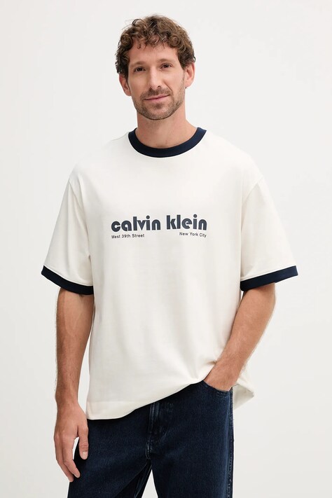 Calvin Klein Jeans t-shirt bawełniany męski kolor beżowy z nadrukiem LV04RC244G