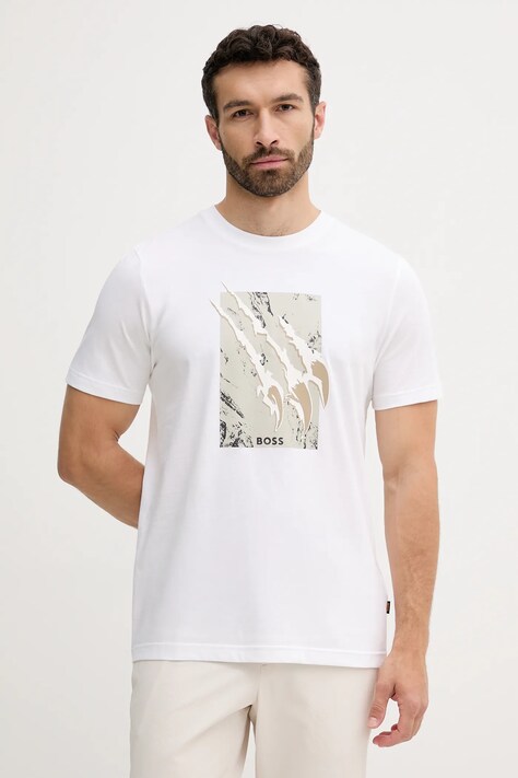BOSS Orange tricou din bumbac culoarea bej, cu imprimeu, 50546362