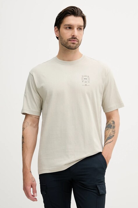 BOSS Orange tricou din bumbac culoarea gri, cu imprimeu, 50546370