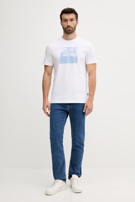BOSS Orange tricou din bumbac culoarea alb, cu imprimeu, 50546381