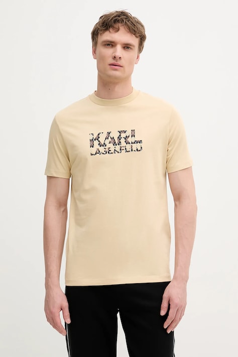 Pamučna majica Karl Lagerfeld boja: bež, s tiskom, 553225.755036