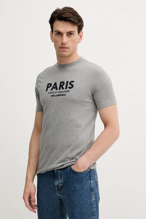 Bavlněné tričko Karl Lagerfeld pánské, šedá barva, s aplikací, 553225.755033
