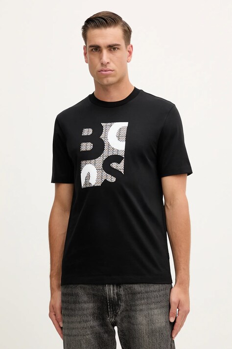 BOSS tricou din bumbac culoarea negru, cu imprimeu, 50543901