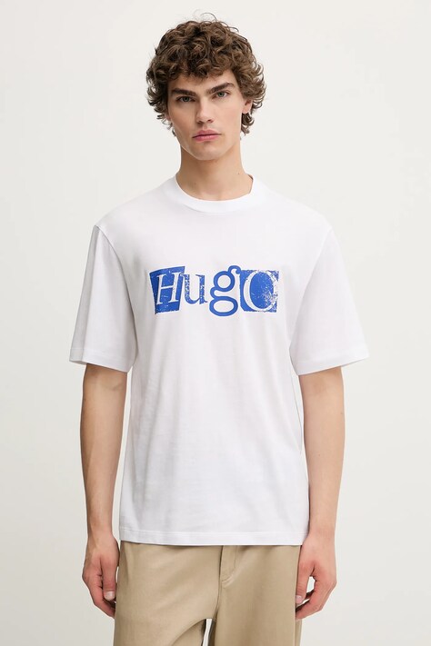 Hugo Blue t-shirt bawełniany męski kolor biały z nadrukiem 50543485