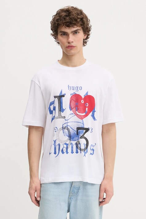 Hugo Blue t-shirt bawełniany męski kolor biały z nadrukiem 50543495