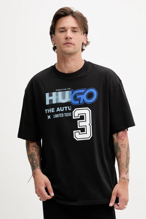 Hugo Blue tricou din bumbac culoarea negru, cu imprimeu, 50544168