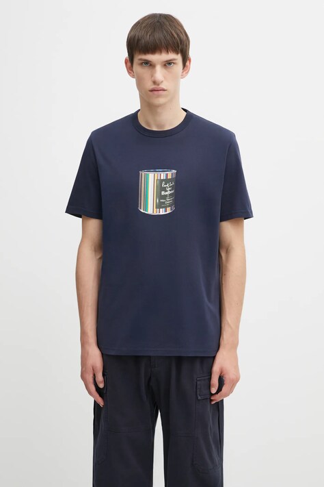 Barbour t-shirt bawełniany x Paul Smith Wax Can męski kolor granatowy z nadrukiem MTS1526NY91
