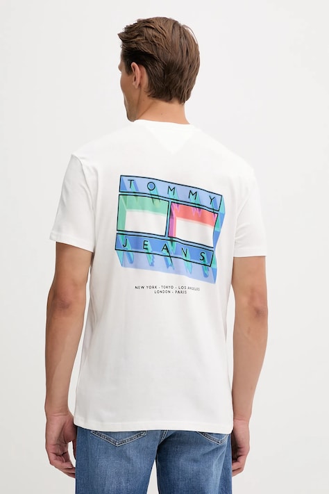 Βαμβακερό μπλουζάκι Tommy Jeans ανδρικό, χρώμα: άσπρο, DM0DM21980