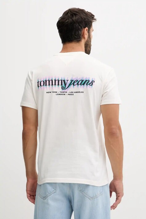 Tommy Jeans tricou din bumbac culoarea bej, cu imprimeu, DM0DM21982