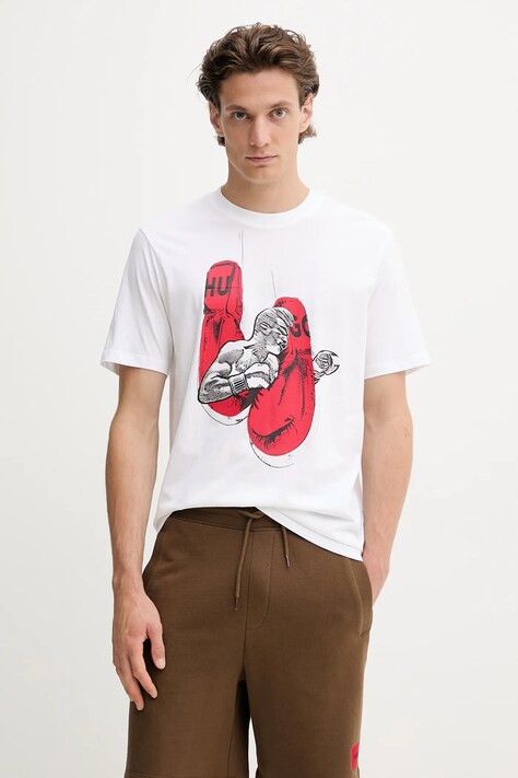 HUGO t-shirt bawełniany męski kolor beżowy z nadrukiem 50542560