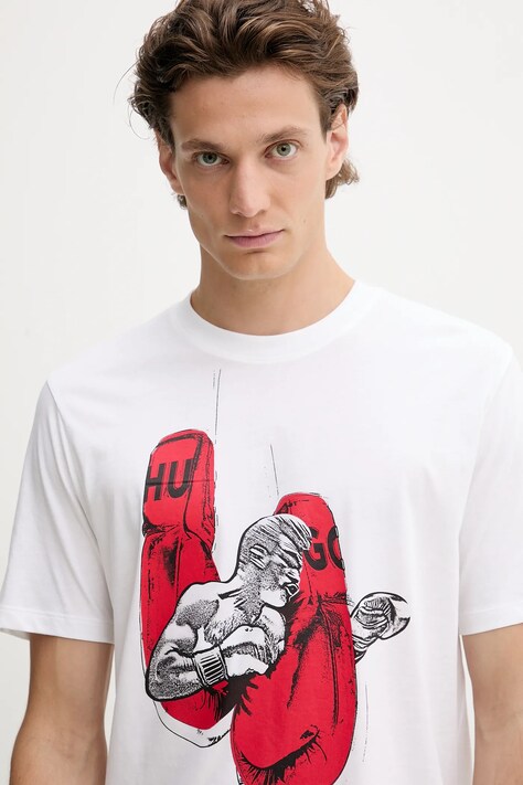 HUGO t-shirt bawełniany męski kolor beżowy z nadrukiem 50542560