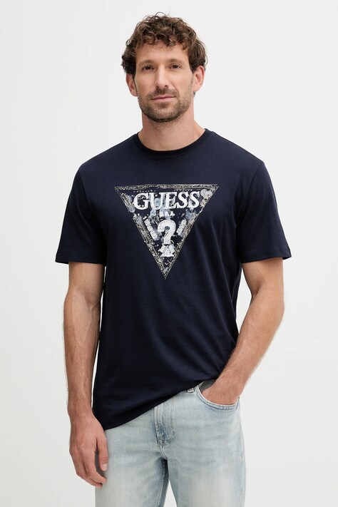 Guess t-shirt bawełniany męski kolor granatowy z nadrukiem M5YI15 I3Z14