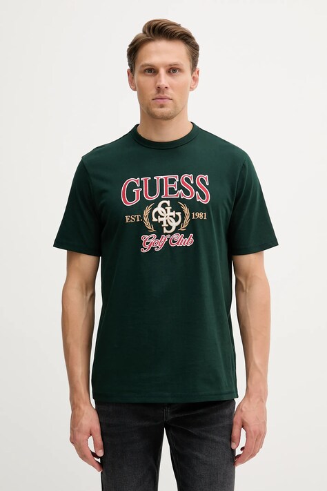 Guess tricou din bumbac 4G culoarea verde, cu imprimeu, M5YI22 K8FQ4