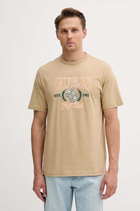 Guess tricou din bumbac 4G culoarea bej, cu imprimeu, M5YI22 K8FQ4