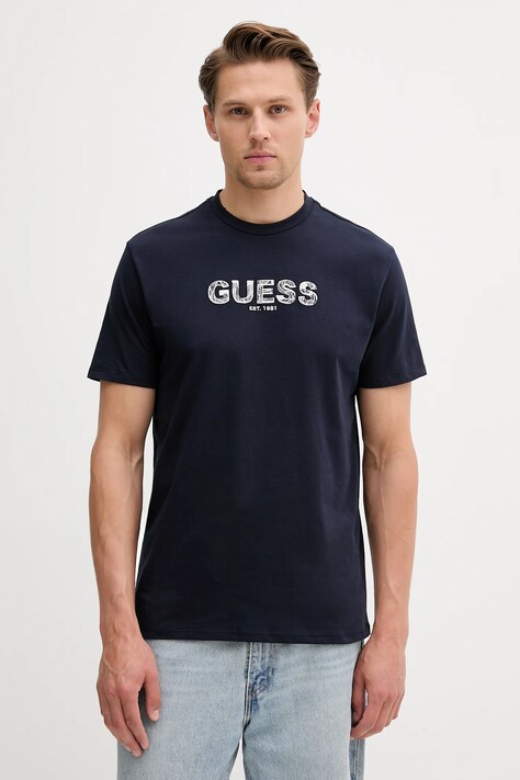 Guess tricou din bumbac culoarea bleumarin, cu imprimeu, M5YI41 KBW41