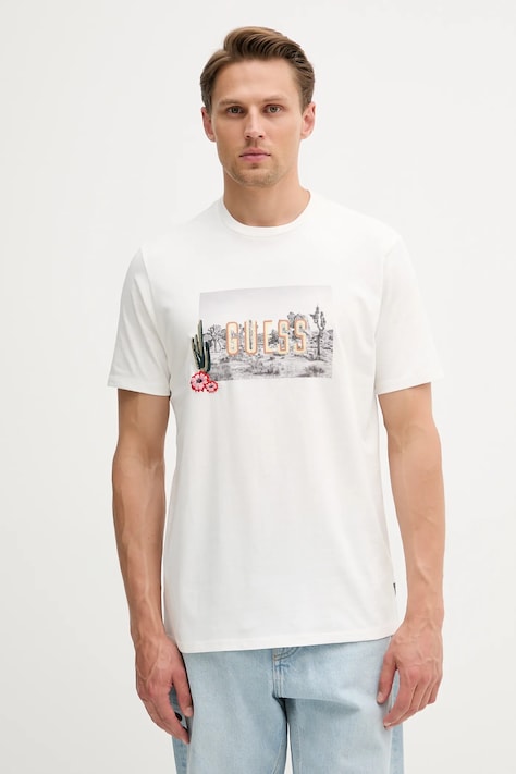 Guess t-shirt bawełniany męski kolor biały z nadrukiem M5YI45 KBW41