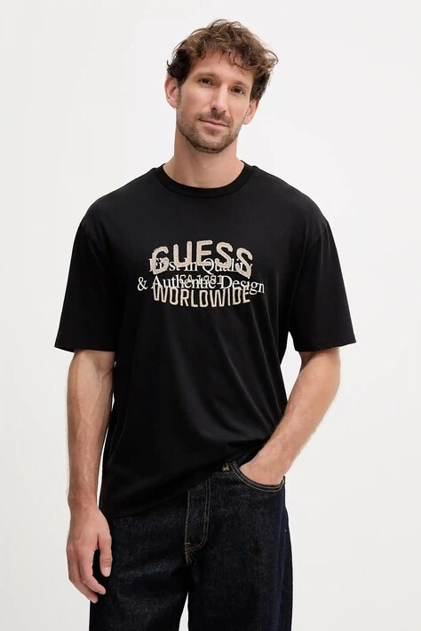 Bavlněné tričko Guess WORLDWIDE pánské, černá barva, s potiskem, M5YI49 KBW41