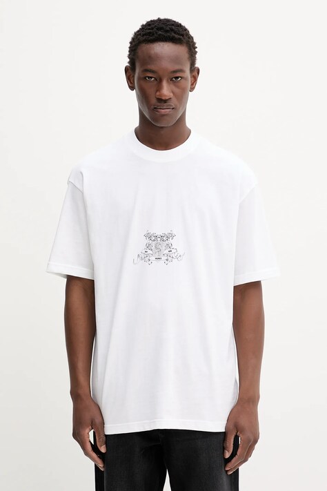 HUGO t-shirt bawełniany męski kolor beżowy z nadrukiem 50542817