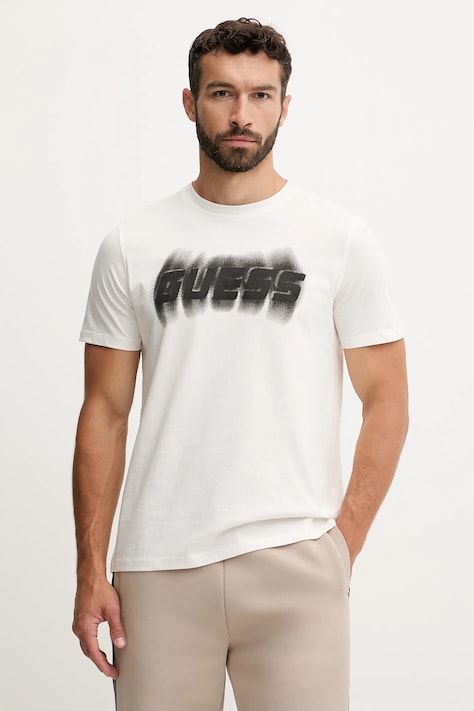 Хлопковая футболка Guess ASCANIO цвет бежевый с принтом Z5YI12 I3Z14