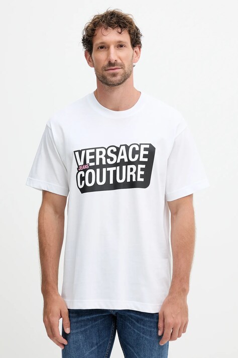 Versace Jeans Couture tricou din bumbac culoarea alb, cu imprimeu, 79GAHP02 CJ01P