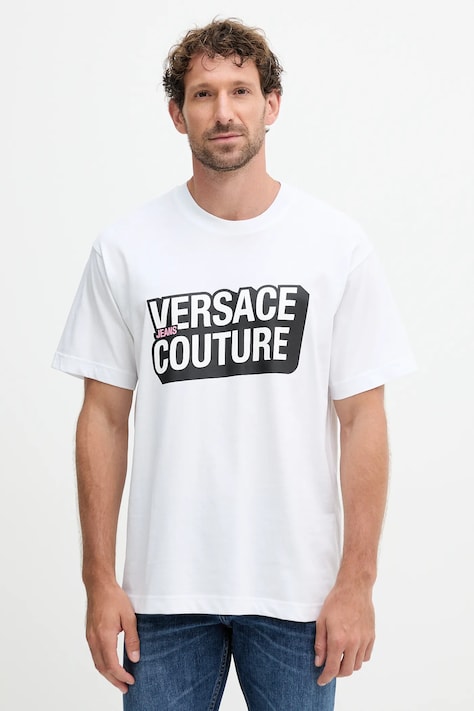 Bavlnené tričko Versace Jeans Couture pánske, biela farba, s potlačou, 79GAHP02 CJ01P