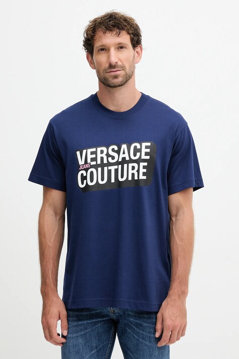 Pamučna majica Versace Jeans Couture boja: tamno plava, s tiskom, 79GAHP02 CJ01P