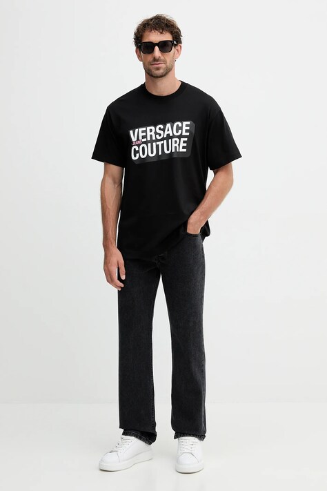 Versace Jeans Couture tricou din bumbac culoarea negru, cu imprimeu, 79GAHP02 CJ01P