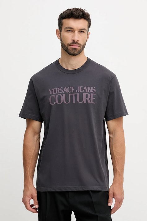 Памучна тениска Versace Jeans Couture в сиво с принт 79GAHE05 CJ00E