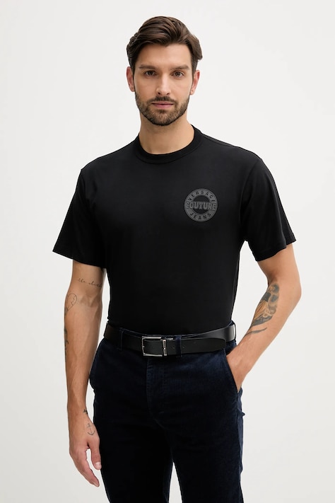 Bavlněné tričko Versace Jeans Couture pánské, černá barva, s aplikací, 79GAHT06 CJ00T