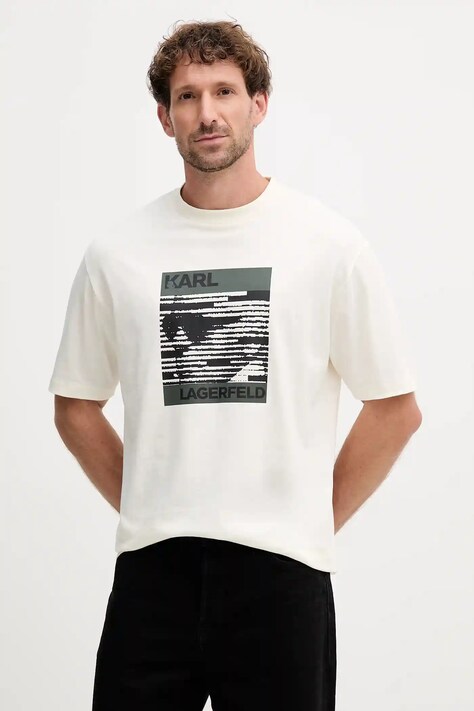 Хлопковая футболка Karl Lagerfeld цвет бежевый с принтом 554225.755131