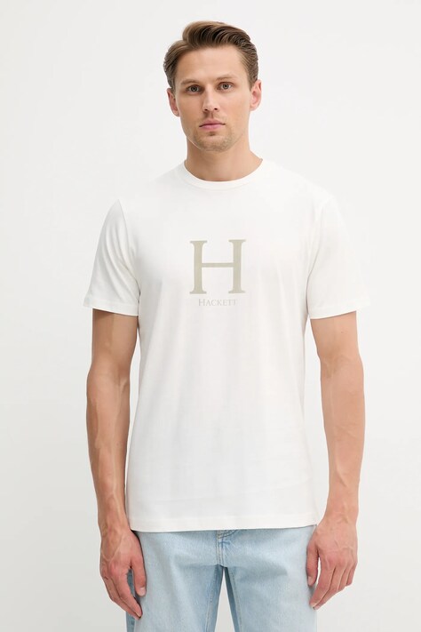 Hackett London tricou din bumbac culoarea bej, cu imprimeu, HM5000002