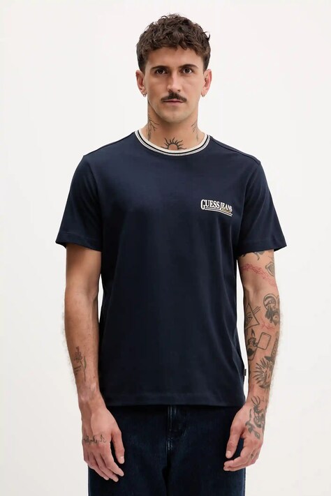 Памучна тениска Guess Jeans в тъмносиньо с принт M5YI09 K8FQ4