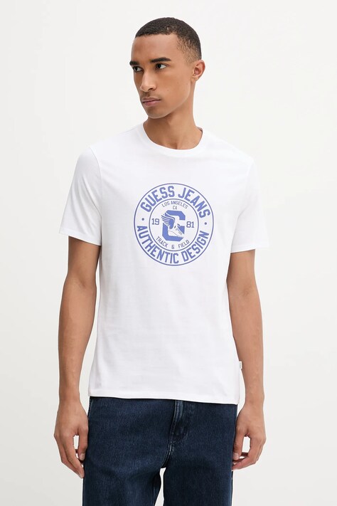 Guess Jeans tricou din bumbac culoarea alb, cu imprimeu, M5YI29 K8HM0