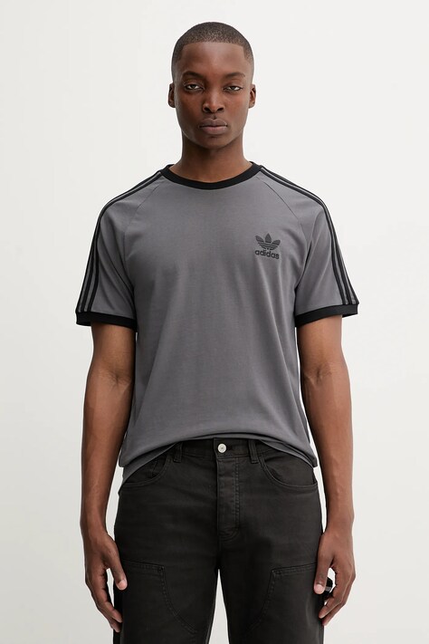 adidas Originals tricou din bumbac 3-Stripes culoarea gri, cu imprimeu, JY1373