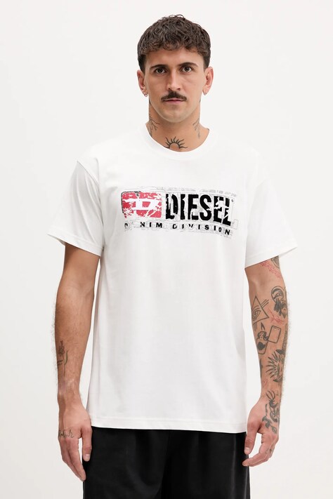 Bavlněné tričko Diesel T-NORM-T6 pánské, bílá barva, s potiskem, A19436.0PLAT
