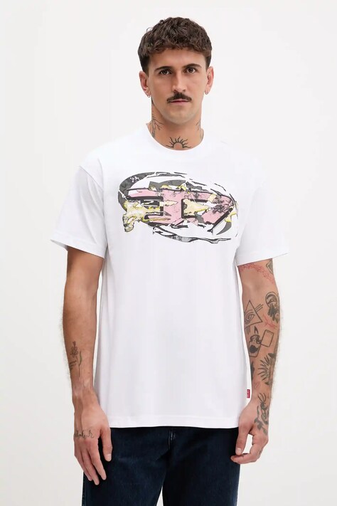 Diesel tricou din bumbac T-NORM-T11 culoarea alb, cu imprimeu, A19571.0PLAT