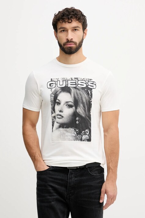 Guess t-shirt bawełniany męski kolor beżowy z nadrukiem M5BI53 KBW41