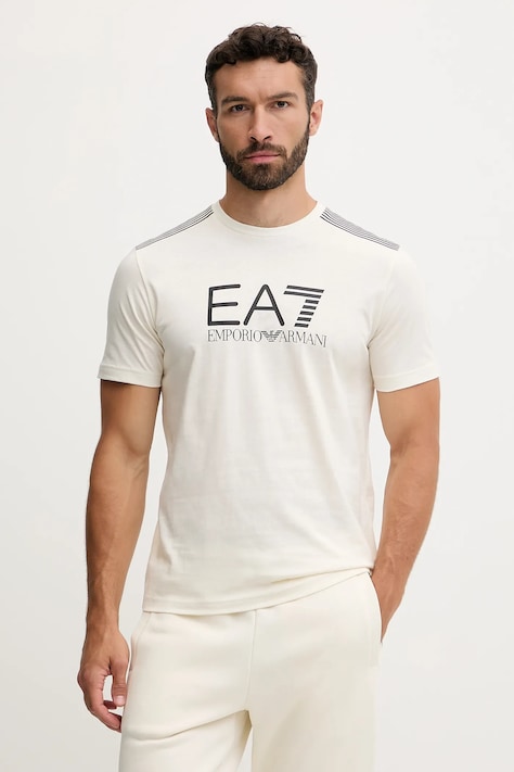 Bavlnené tričko EA7 Emporio Armani pánske, béžová farba, s potlačou, AF10375-7M000961