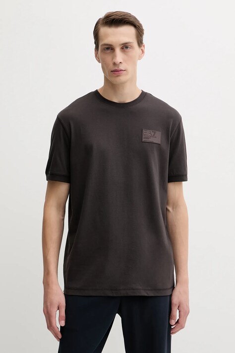 Bavlnené tričko EA7 Emporio Armani pánske, hnedá farba, s nášivkou, AF13741.7X000127