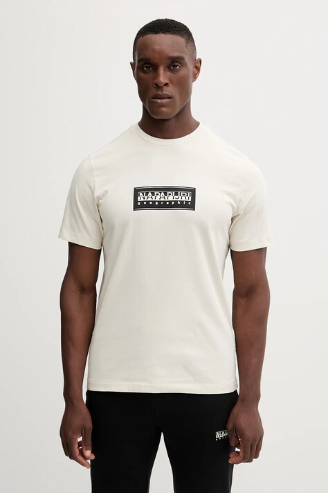 Napapijri t-shirt bawełniany S-Box męski kolor beżowy z nadrukiem NP0A4I3LN1J1